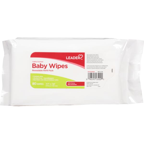 Image for Leader Baby Wipes, Lightly Scented, Resealable, Refill Pack, 80ea from Lee Road Family Pharmacy Inc